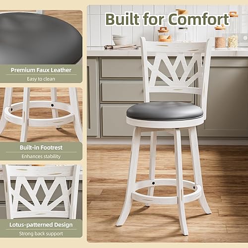 Miniatura 5 de Juego de 2 taburetes de bar giratorios de 24 pulgadas de altura de mostrador con respaldos, silla de bar con patas de madera maciza y reposapiés