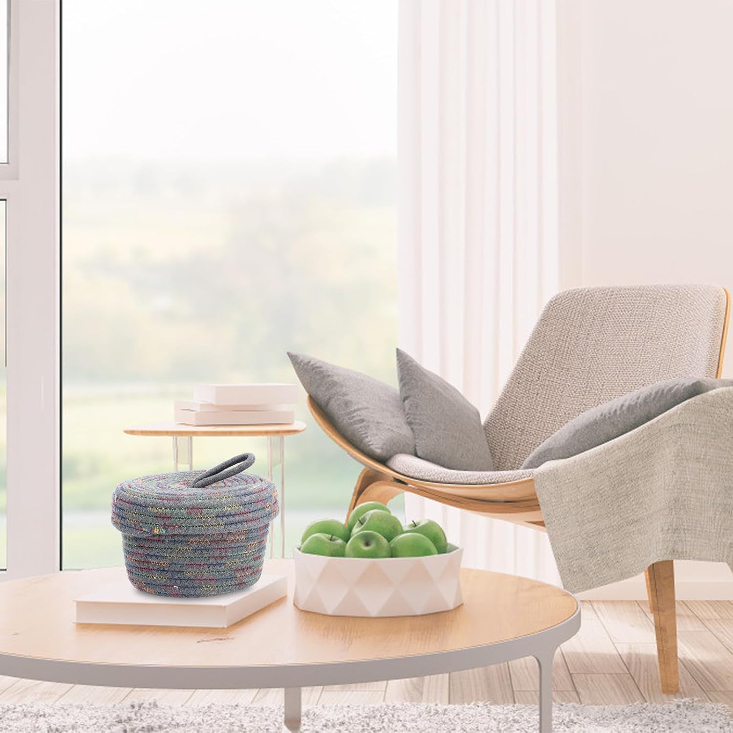 PATKAW Cotton Woven Storage Basket with Lid Small Grey, Desktop Organizer and Home Storage Holder for Sundries and Household Items