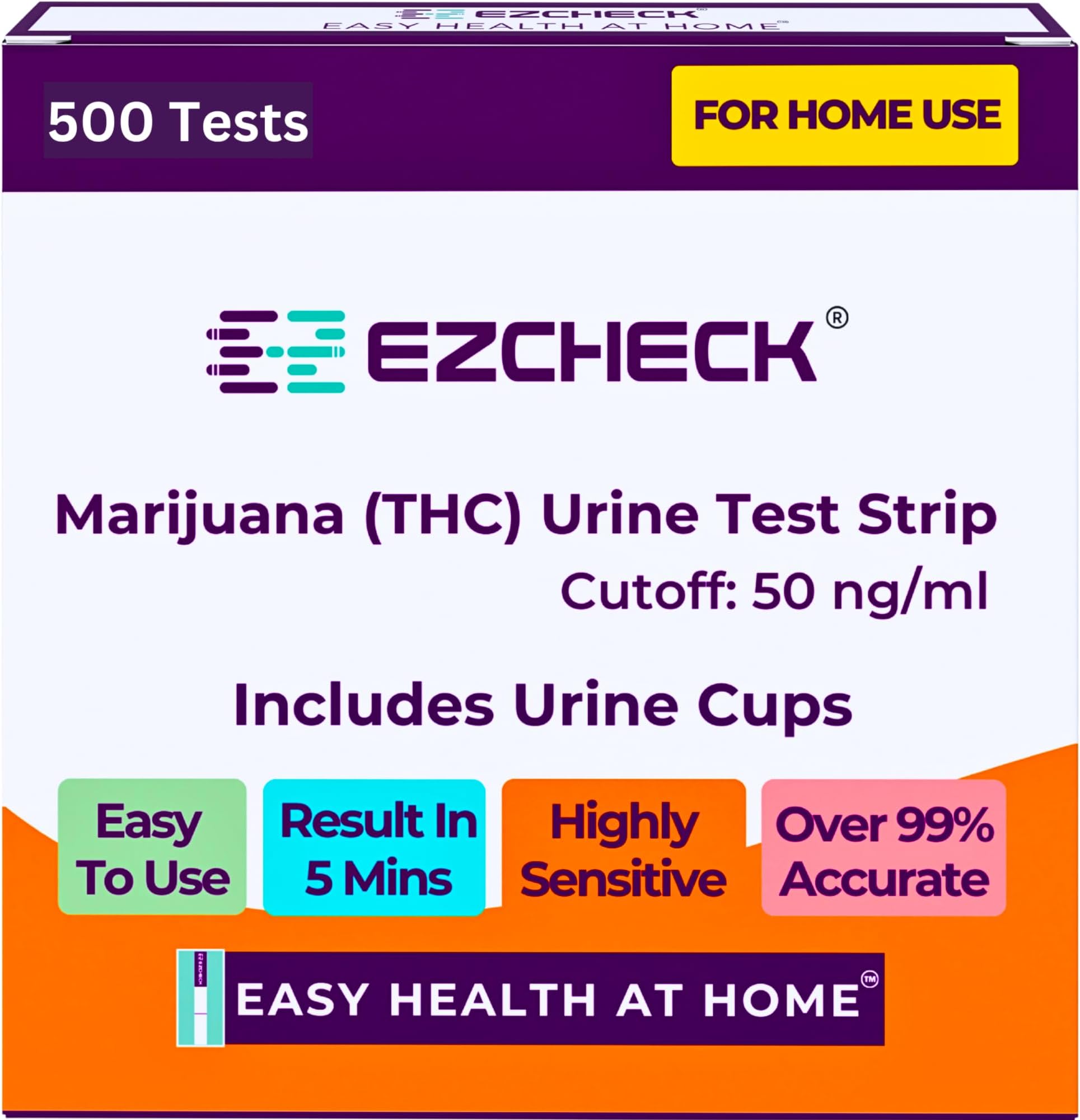 [500 Tests] EZCHECK® Highly Sensitive at Home Marijuana Drug Test Strip, THC Urine Drug Test, Easy Home Drug Test, 50 ng/ml - Fast Result in 5 mins