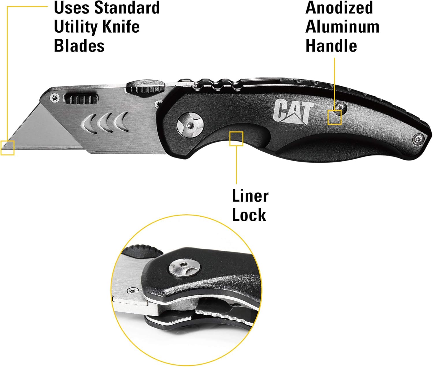 Cat Folding Utility Knife with Lightweight Anodized Aluminum Handle, Quick-Release Blade, Thumb Stud Opener, and Locking Liner - 980018