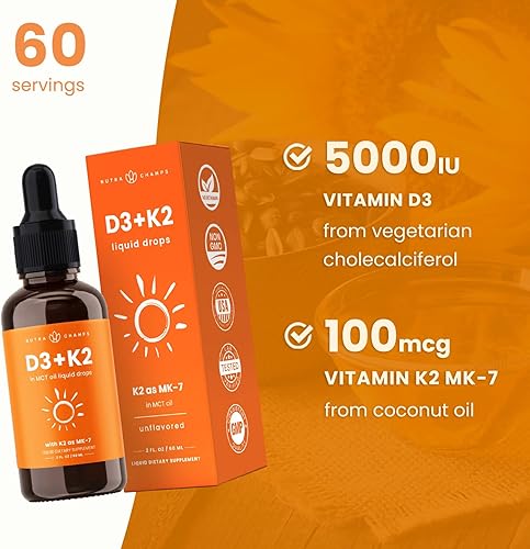 Vista 10 de NutraChamps Gotas de vitamina D 3 K2 para niños, vitamina D3 y K2 MK-7, vitamina D líquida para niños de 1000 UI, huesos saludables, corazón