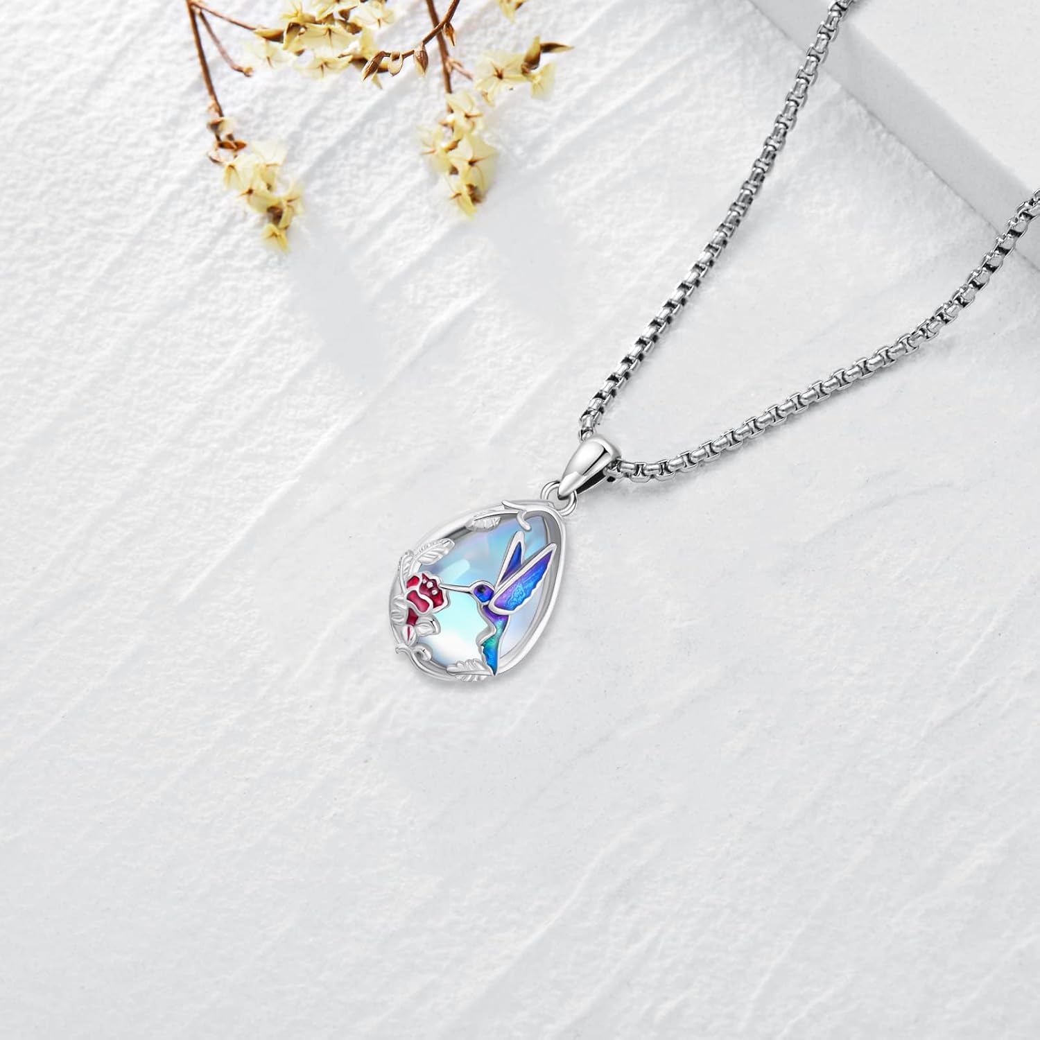 S925 Sterling Silver Flower Hummingbird Necklace for Women Oval Black Obsidian Moonstone Pendant Mother Day Necklace for Mom Turquoise Jewelry Gifts - Image 2