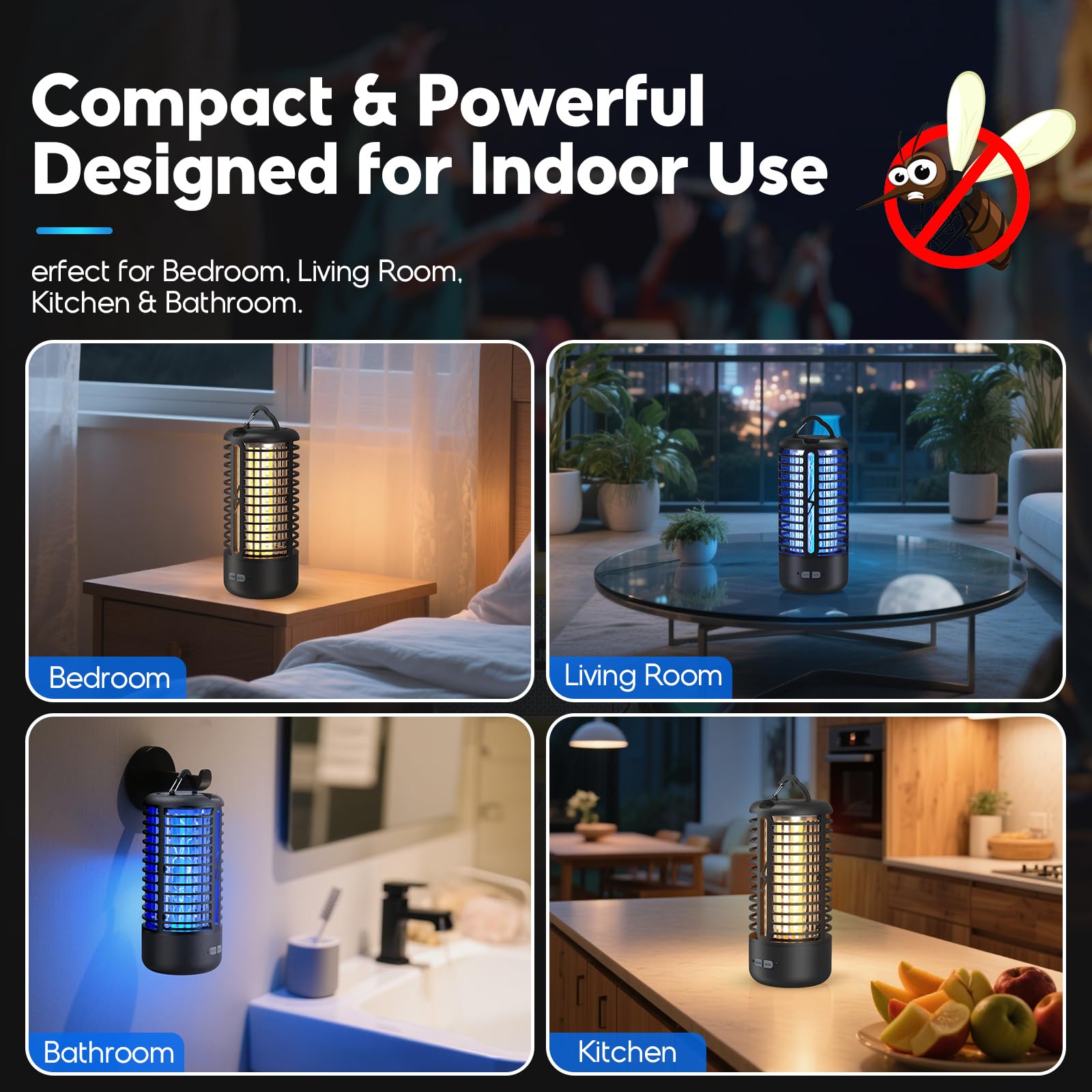 Lampada Antizanzare Elettrica, Anti Zanzare 3000V UV, Anti Mosche LED Sospendibile, IPX4 Impermeabile Insektenvernichter da Interno ed Esterno, Lampada Zanzare con Gancio (Nero)