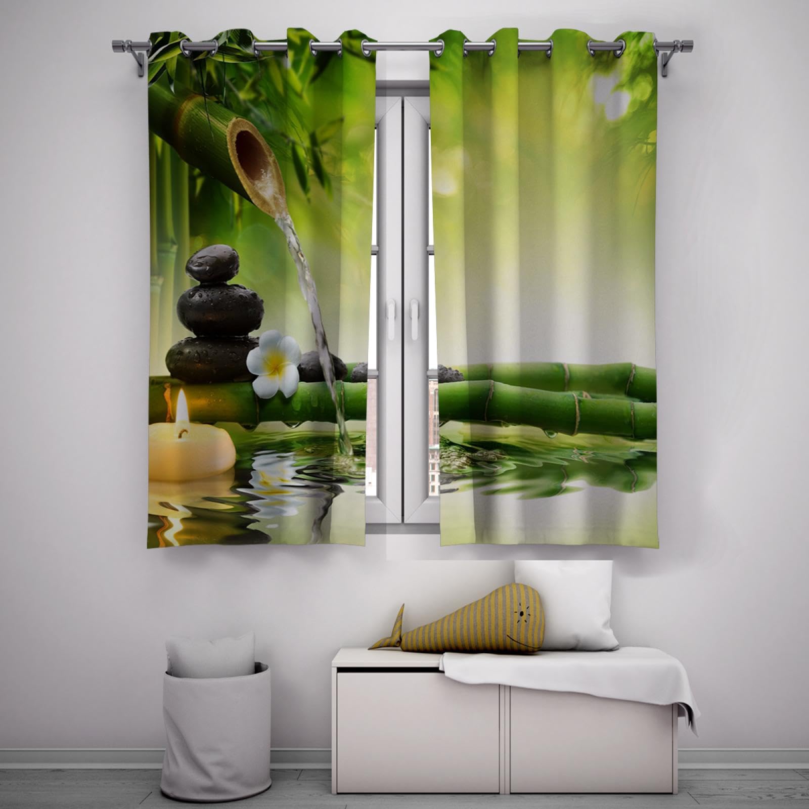 Rustykalna Zen Ogród Czarny Kamień Zasłona zaciemniająca do Sypialni Bambusowa Zielona Dekoracja Okienna do Dekoracji Wnętrz Zasłony Termiczne 102 x 137 cm, 2 panele