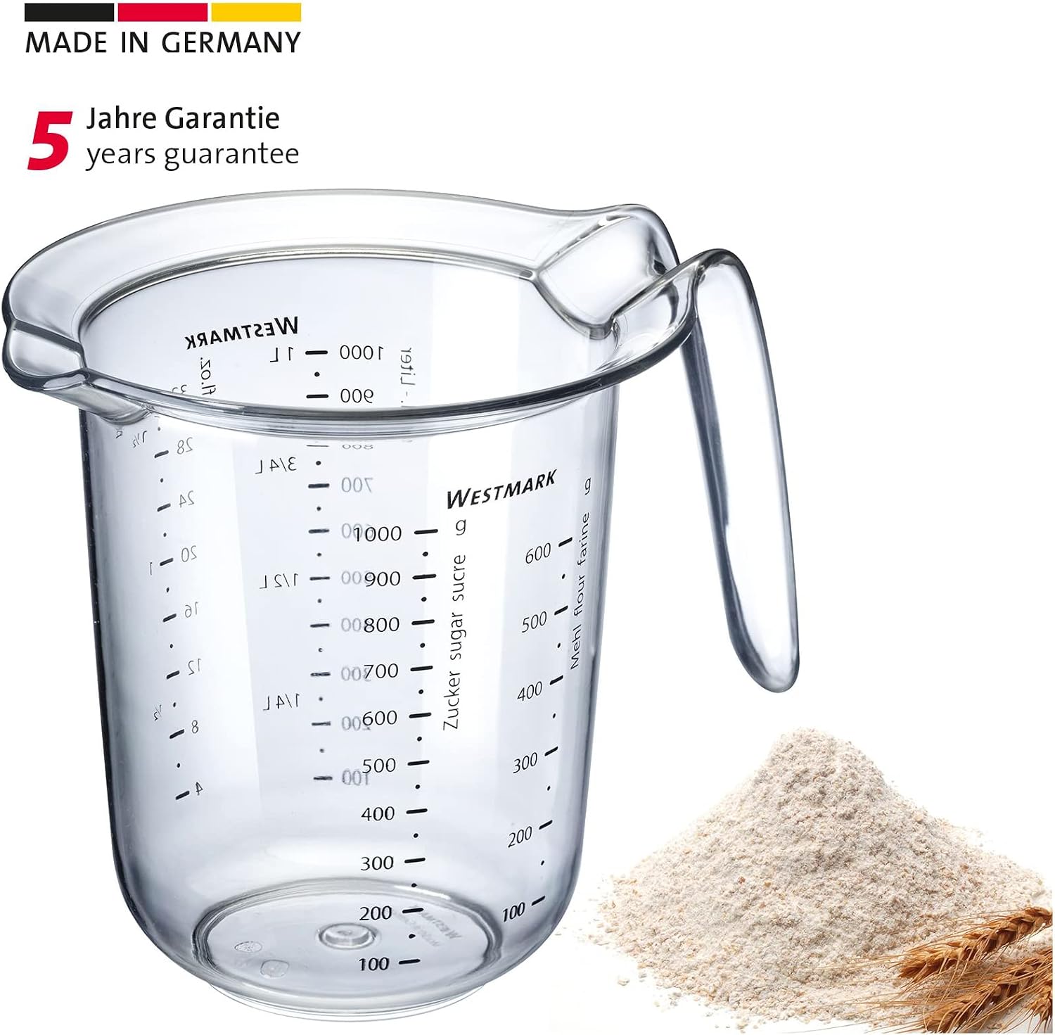 Westmark 1 Litre Measuring Jug, Transparent, 1 Piece, Multilingual Scales, Plastic, Made in Germany