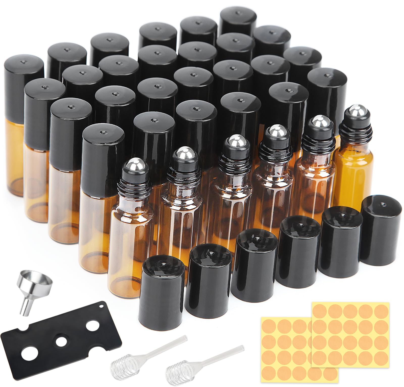 DKBT 32 puste butelki 5 ml rollon na olejki eteryczne, brązowe, na olejki eteryczne, wałek ze stali nierdzewnej, olejki eteryczne, balsamy, perfumy, masaż, 32 szt