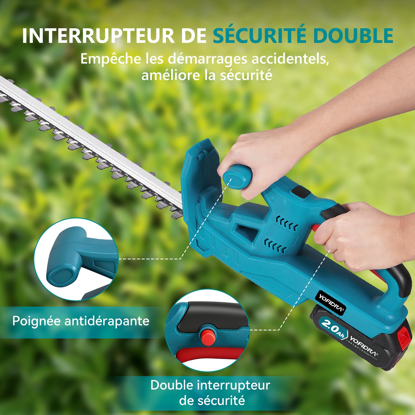 Yofidra Taille Haie Batterie, avec 2 Batteries 2.0Ah, 50cm Coupe Longueur | Taille-Haie Électrique sans Fil, Lames Double Action 15mm, Taille Haie Léger avec Housse de Protection