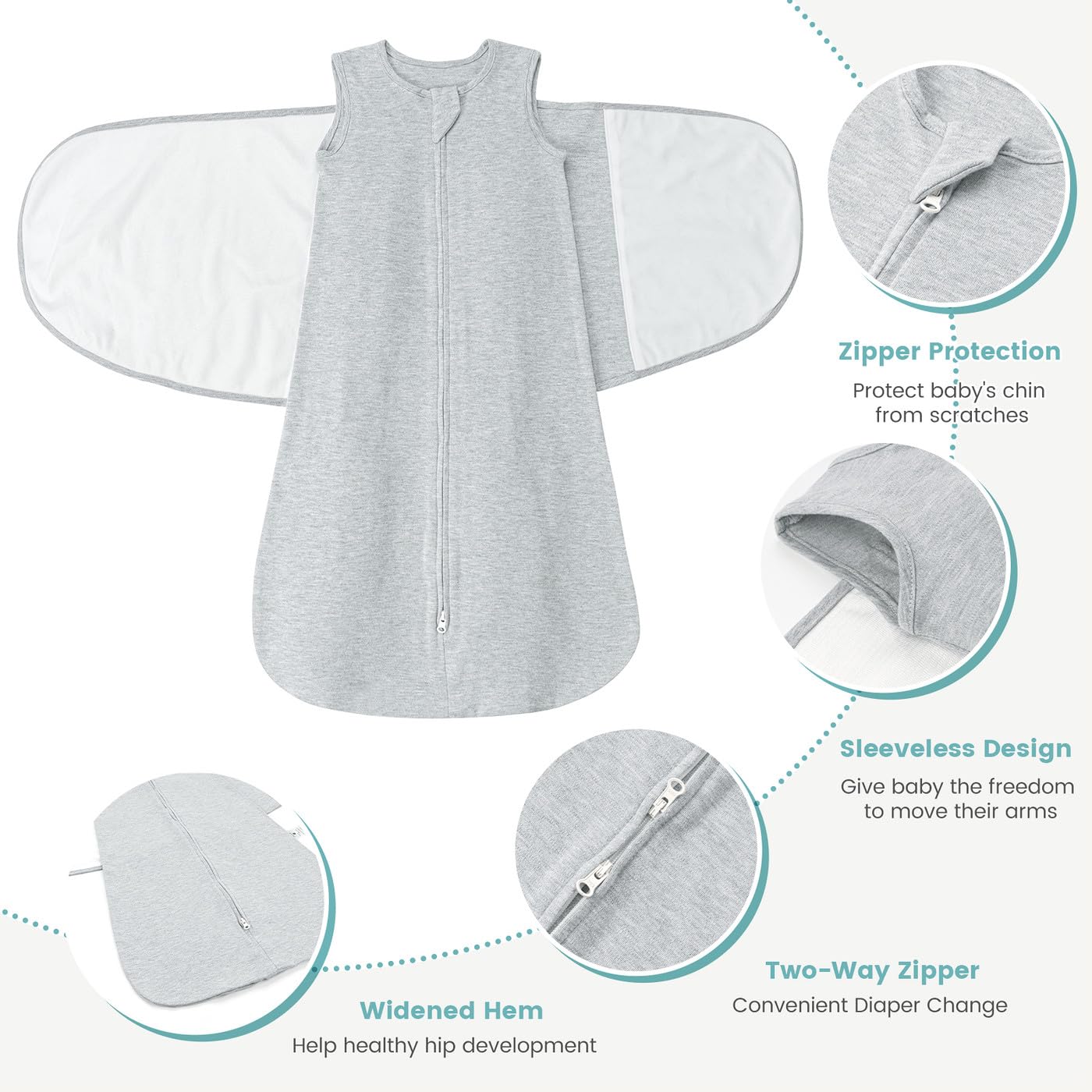 LILBESTIE Baby Sleeping Swaddle Bag 1.0 Tog 3-in-1 Adjustable Silent Hook Baby Swaddle Blanket Wrap 100% Cotton 0-6 Months, Grey - Image 2