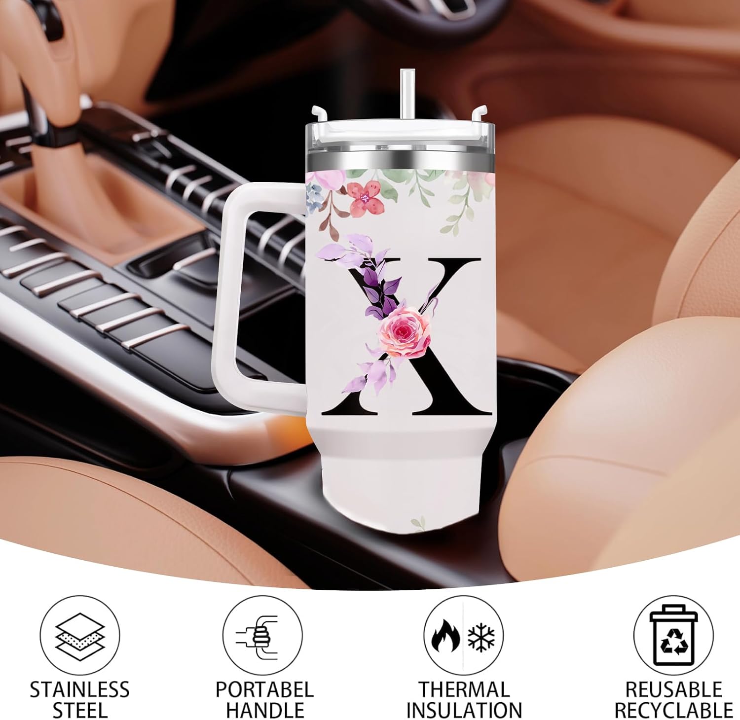 FOLAI Insulated Travel Coffee Mugs, 40oz Steel Water Bottl,Tumbler with Handle and Lid Straw,Thermal Cups for Hot and Cold Drinks Printed with Letters Personalized Unique Gifts for Women and Man(E) image 3