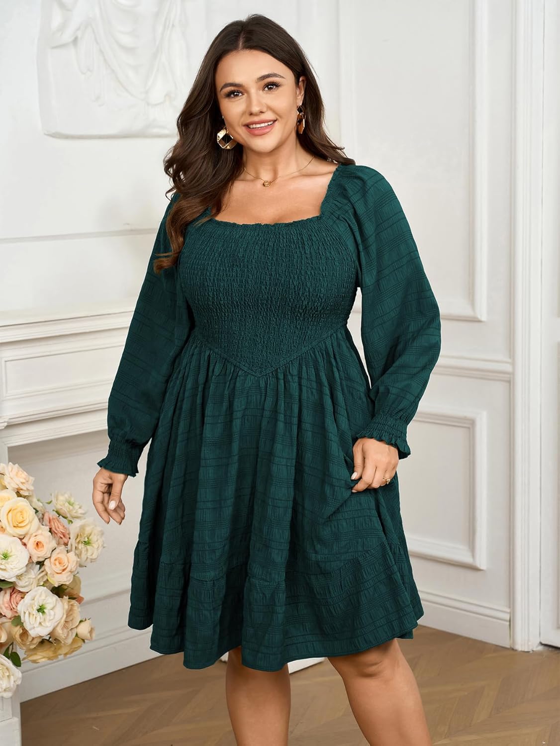 Womens Plus Size Dress Fall Casual Puff Long Sleeve Square Neck Empire Waist Tiered A-line Mini Short Dress - Image 4