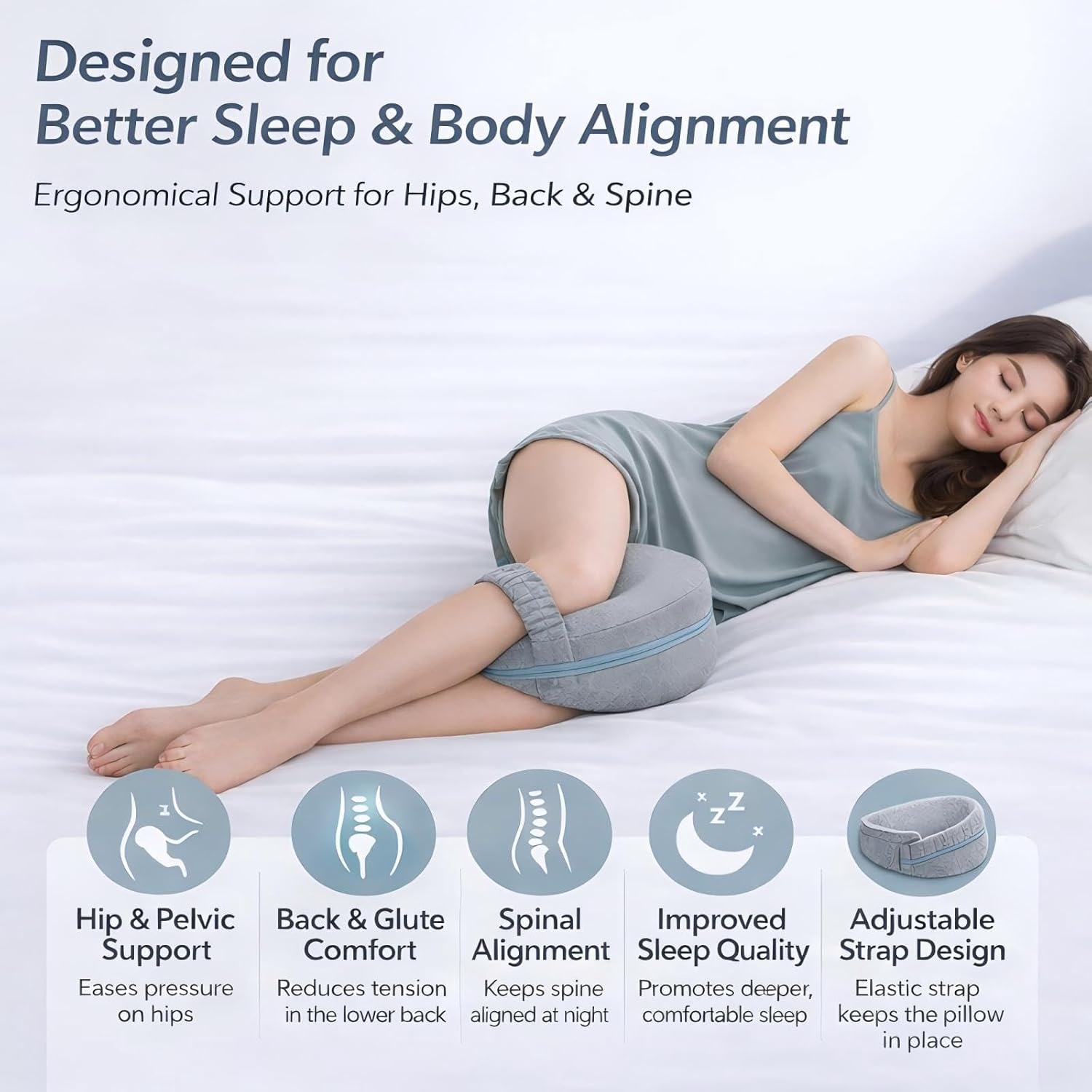2026 Upgraded Leg Pillow for Side Sleeping with Strap, Knee Pillow Between Legs for Nighttime Sleep, Sciatica Support for Lower Back, Knees, Joints & Spine, Post-Surgery Alignment Pillow