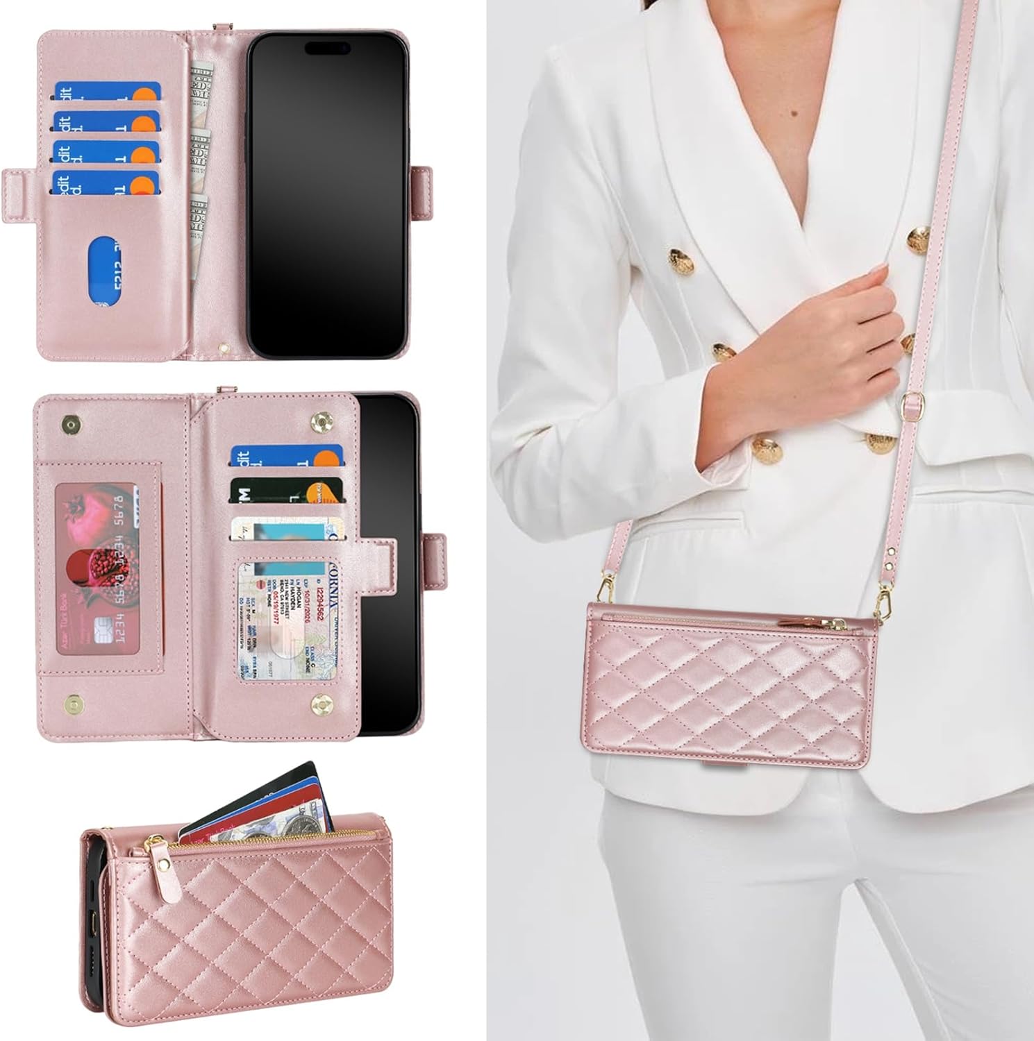 Jaorty for iPhone 17 Air Phone Case Wallet with Crossbody Strap, Shoulder Necklace Lanyard,flip Cover PU Leather, Rhombus for Women Men, Zipper Pocket, Kickstand, Card Holder, 6.6" Rosegold