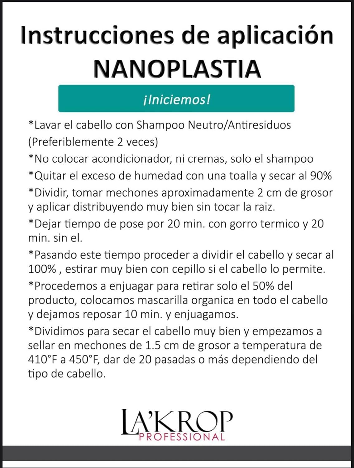 LAKROP NANOPLASTIA ORGANICA 1000ML - KERATIN HAIR TREATMENT - KERATINA PARA ALISAR EL PELO - PARA CABELLO SECO Y MALTRATADO - KERATINA ORGANICA SIN FORMOL - STRAIGHTENER - KERATINA PROGRESIVA