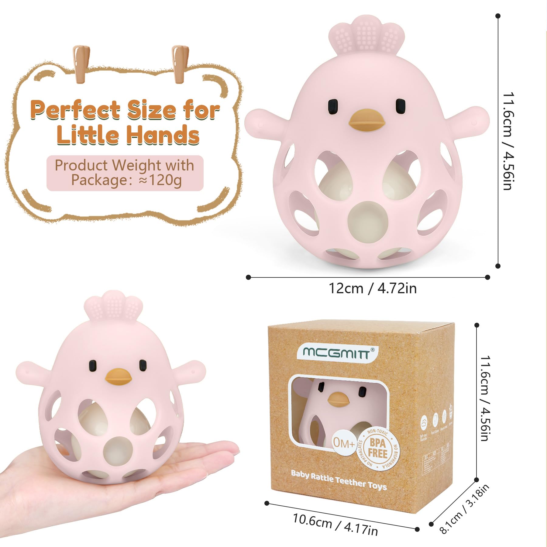 MCGMITT Palla presa per neonati in silicone BPA-free con sonaglio – Gioco sensoriale e motorio a forma di pollo, regalo Montessori per dentizione da 0 6 9 mesi Per neonati e bambini piccoli (Rosa)