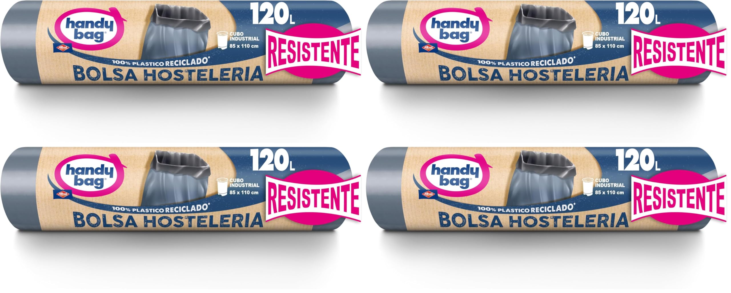 Handy Bag Bolsas de Basura 120L Industrial, Extra Resistentes, No Gotean, 100% Material Reciclado, 8 Bolsas (Paquete de 4)