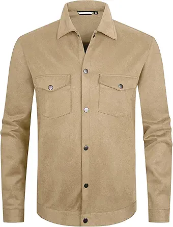 Alex Vando Mens Suede Shirt Jackets Long Sleeve Two Pockets Snap Casual Button Down Shirts