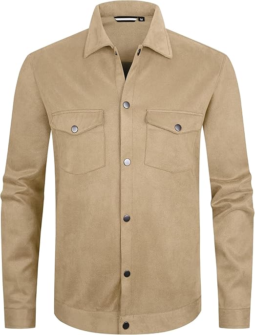 Alex Vando Mens Suede Shirt Jackets Long Sleeve Two Pockets Snap Casual Button Down Shirts