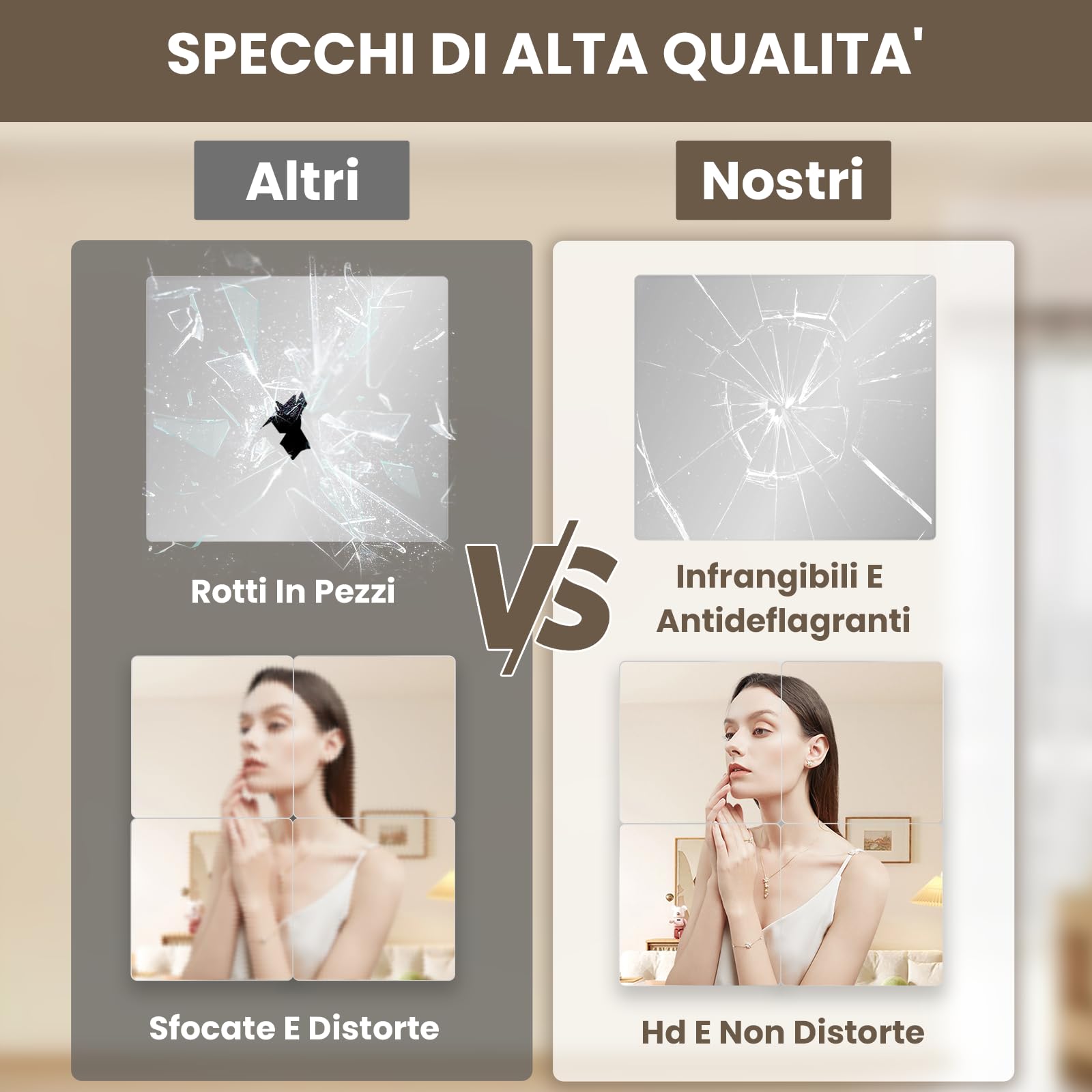 WEER 4 Pezzi Specchi Adesivi da Parete senza Cornice, 35x29cm Vetro Temperato Piastrelle a Specchio Autoadesive per Palestra, Bagno, Camera da Letto & Decorazione Murale Fai da Te