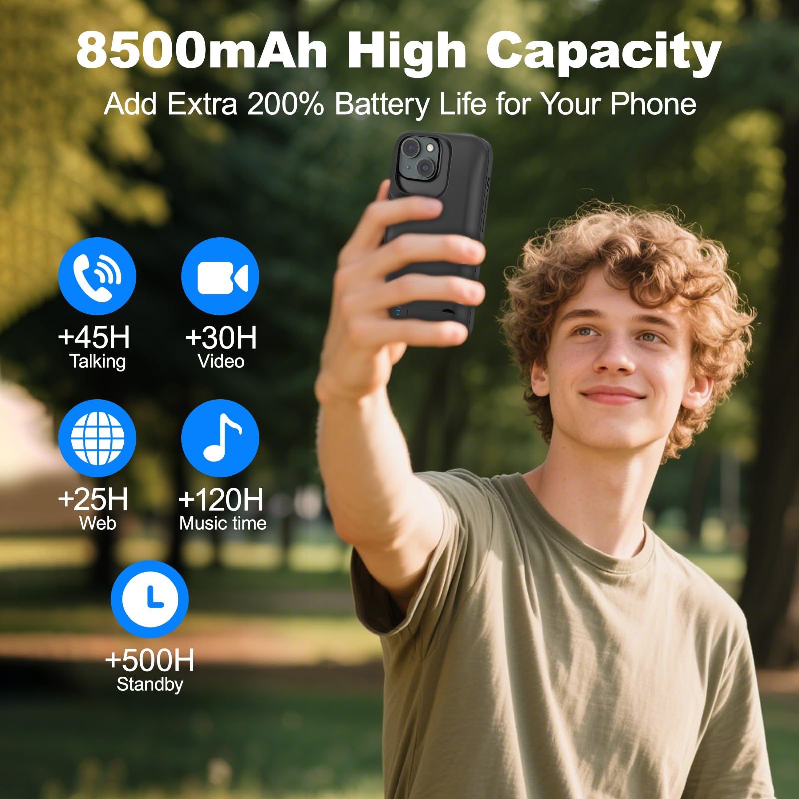 Etui na baterię do iPhone 15, prawdziwe 8500 mAh, wąskie, ładowalne, rozszerzona ładowarka, etui do ładowania ze stojakiem, przenośny powerbank ochronny do iPhone 15, 6,1 cala – czarne