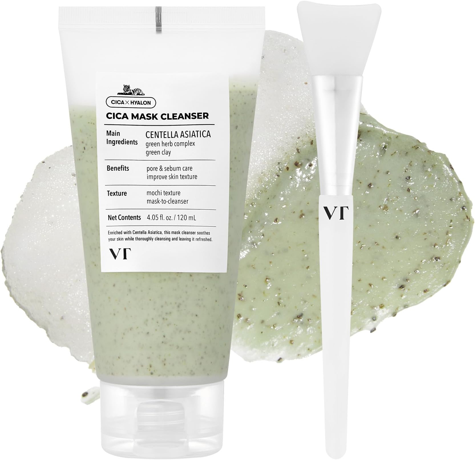 CICA Mask Cleanser with Brush, 2-in-1 Facial Wash, Non-Drying Clay Mask, Gentle Pore Care, Exfoliating, Centella Asiatica for Acne-Prone & Sensitive Skin, Korean Skincare (4.05 fl. oz)