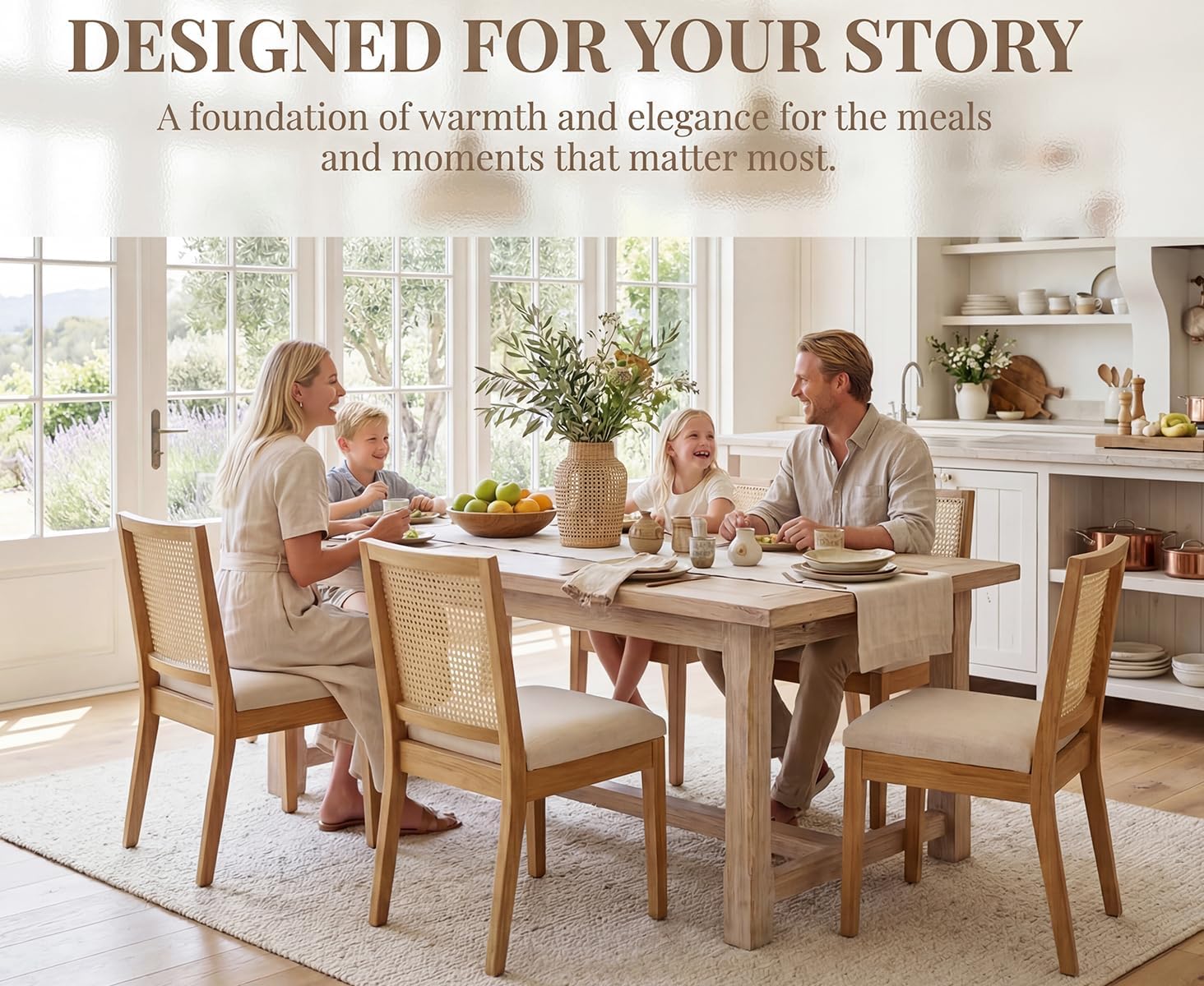 HNY Farmhouse Rattan Dining Chairs Set of 4, Mid Century Modern Kitchen & Dining Room Chairs, Cane Upholstered Kitchen Side Chair with Natural Hardwood Frame, Beige