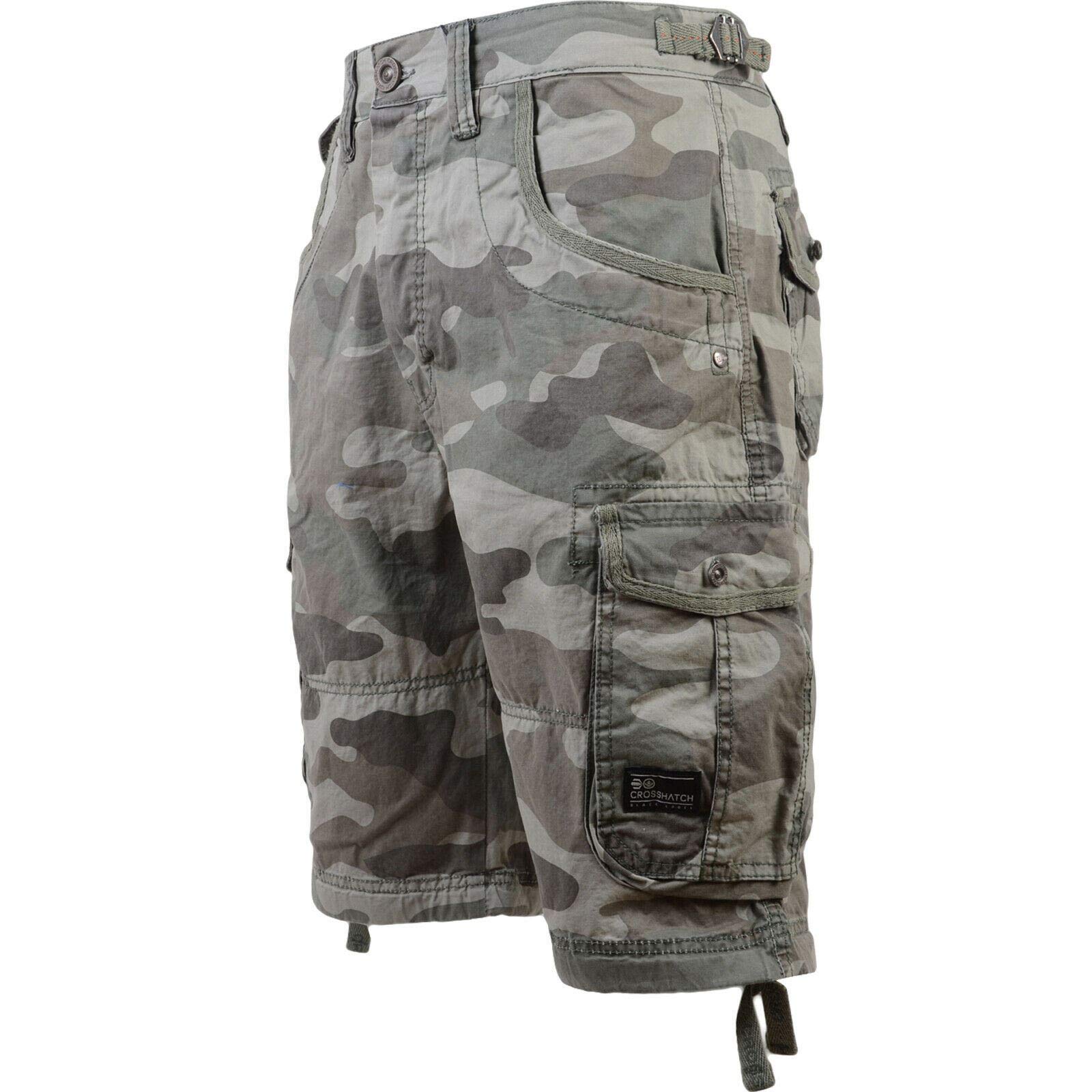 Wjl Whispering Jones London Men's Green Camo Crosshatch Knee Length Combat Cargo Chino Cotton Shorts (34, Jimster - Olive Camo)