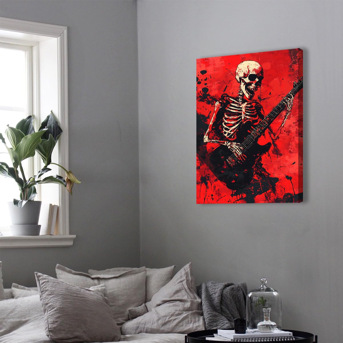 UIRINGART Tela di chitarra scheletro Arte murale Stampe inquietanti di scene musicali Poster unici Graffiti rossi per camera da letto soggiorno Studio Arredamento 35x55cm