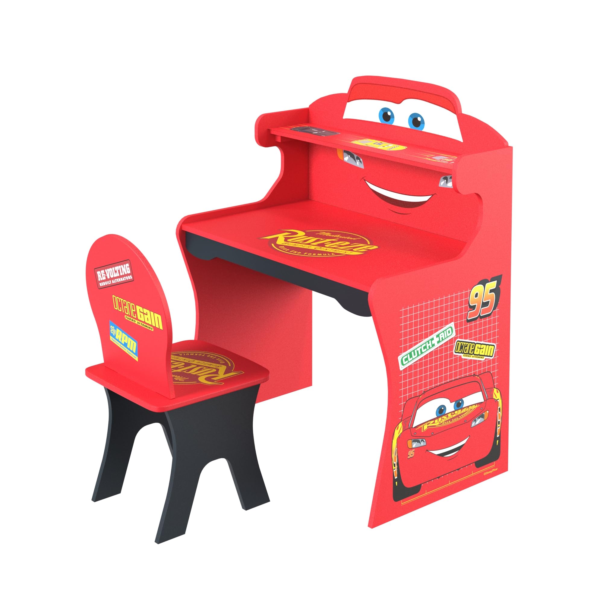 Disney Cars Lightning McQueen Kids Desk and Chair Set – Wooden Children's Writing Desk, Ideal for Homework, Homeschooling, Arts & Crafts, Drawing & Snack Time, Bedroom & Playroom, Ages 3–7