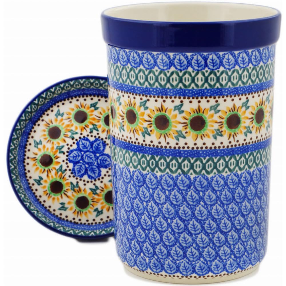 Authentic Polish Pottery Wine Chill with Saucer Signature UNIKAT in Golden Autumn Design Handmade in Boles?awiec Poland by Ceramika Artystyczna + Certificate of Authenticity