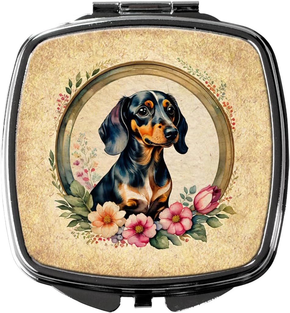 Caroline's Treasures Dachshund and Flowers Compact Mirror Decorative Travel Makeup Mirror for Women Girls Gifts Pocket Makeup Mirror Folding Handheld