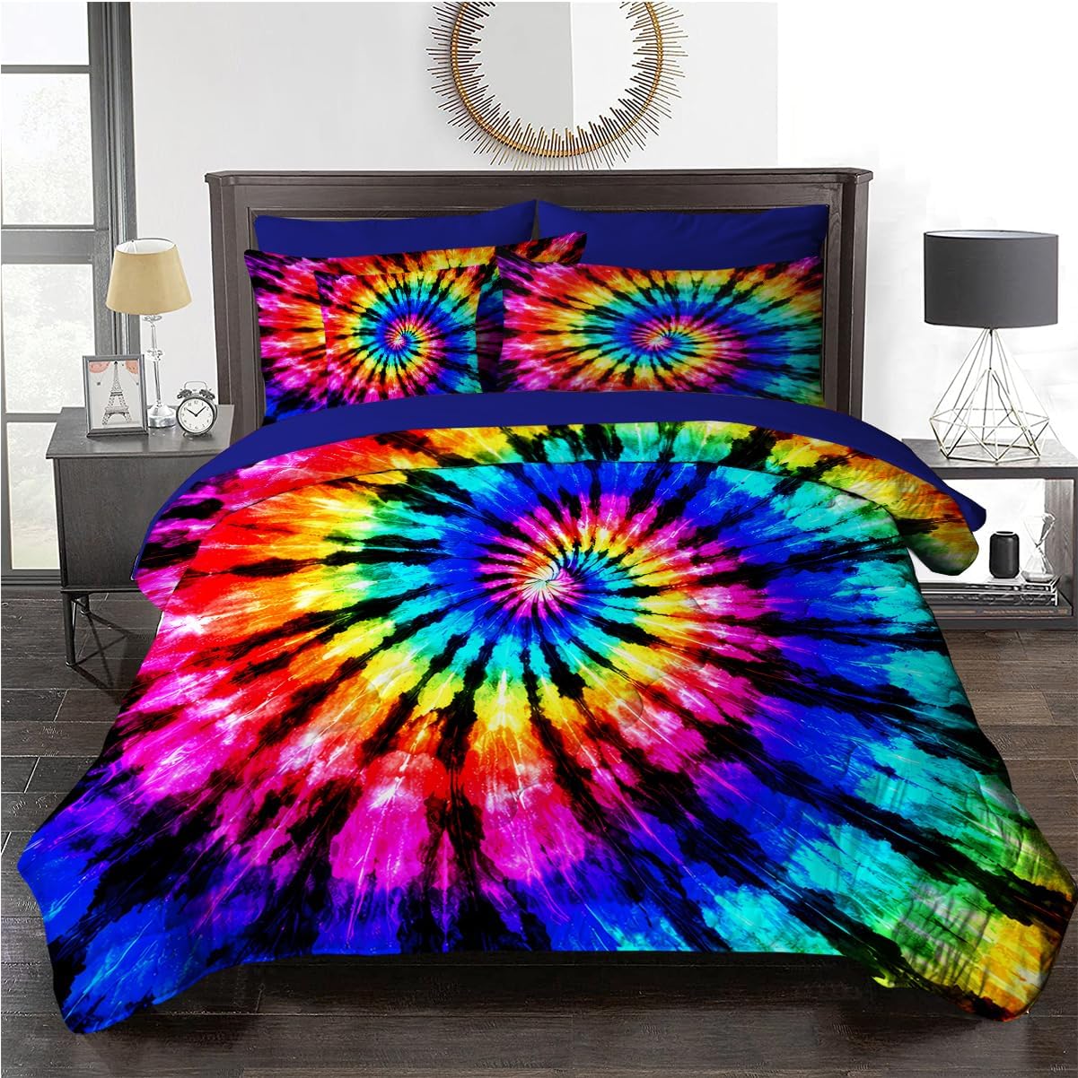 BlessLiving Tie Dye Comforter Set Full Size 8 Pieces Rainbow Spiral Bedding Set for Teen Girls Boys Boho Bedroom Aesthetic Colorful Psychedelic Dorm Room Decor Soft Microfiber Bed in a Bag