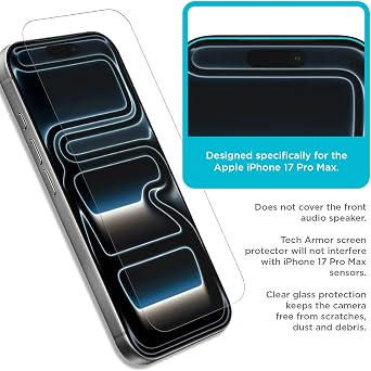 Tech Armor for iPhone 17 Pro Max Screen Protector 6.9 inch - Ballistic Glass, Case Friendly, Sensor Protection, HD, 9H Hardness, Tempered Glass Screen Protector 17 Pro Max, 3 Pack