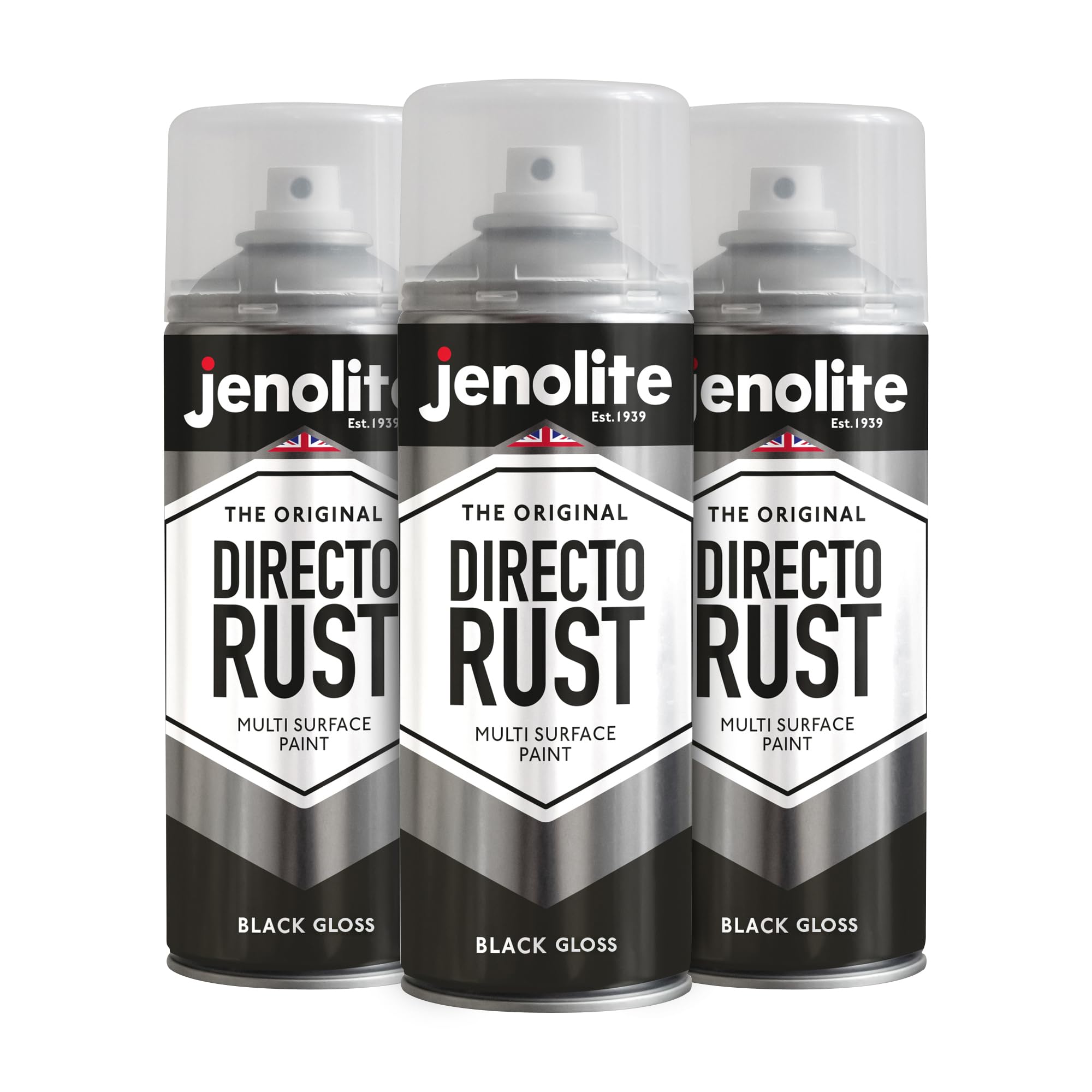 JENOLITE Directorust Gloss Spray Paint | BLACK | 3 x 400ml | Direct To Rust Spray Paint For Metal | Multi Surface Gloss Aerosol For Wood, Metal, Plastic, Ceramic | RAL 9005