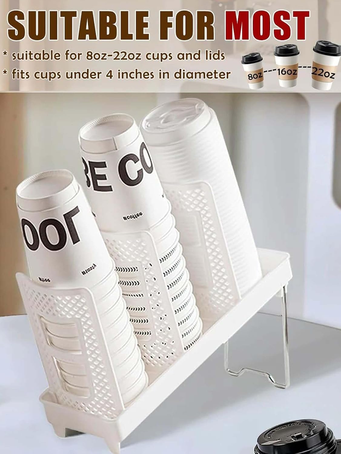 3-Slot Paper Cup and Lid Holder,Disposable Plastic Coffee Cup Dispenser