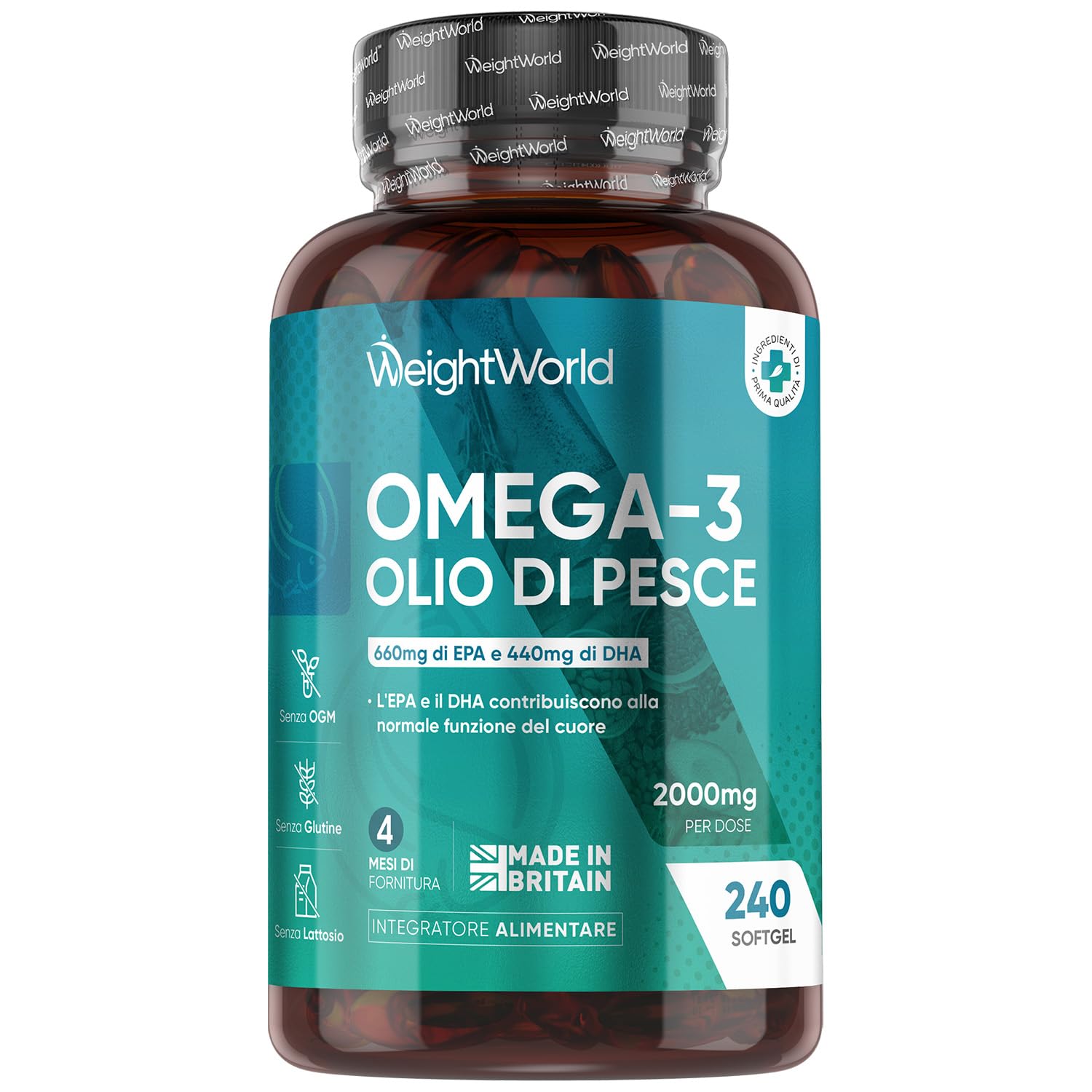 Omega 3 Olio di Pesce da 2000mg, 660mg EPA e 440mg DHA, Integratore Omega3 Fish Oil e Acidi Grassi Essenziali in 240 Softgel (4 Mesi), EPA e DHA Contribuiscono alla Normale Funzione del Cuore (EFSA)