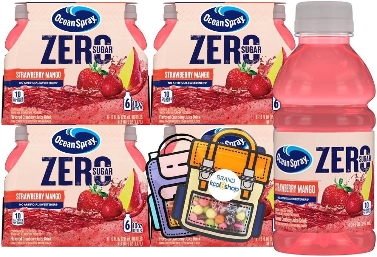 Ocean Spray Zero Strawberry Mango Sugar Fruit Juice 10 fl oz 24 Pack + 2 Reusable Snack Bags by KOOL8SHOP Infinite Deals