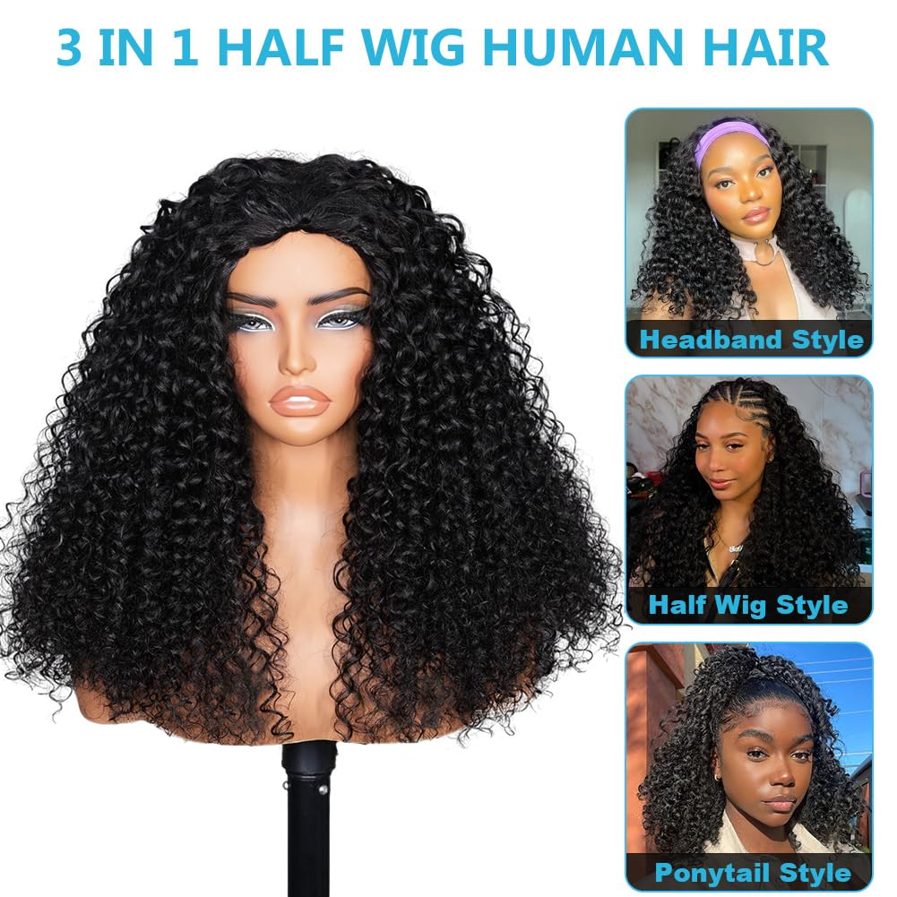 Water Wave Half Wigs Human Hair 26 Inch Glueless Headband Wig 200 Density Upgrade 3 In 1 Half Wig with Drawstring Seamless Clip Ins Flip Over Curly Human Hair Wig for Women
