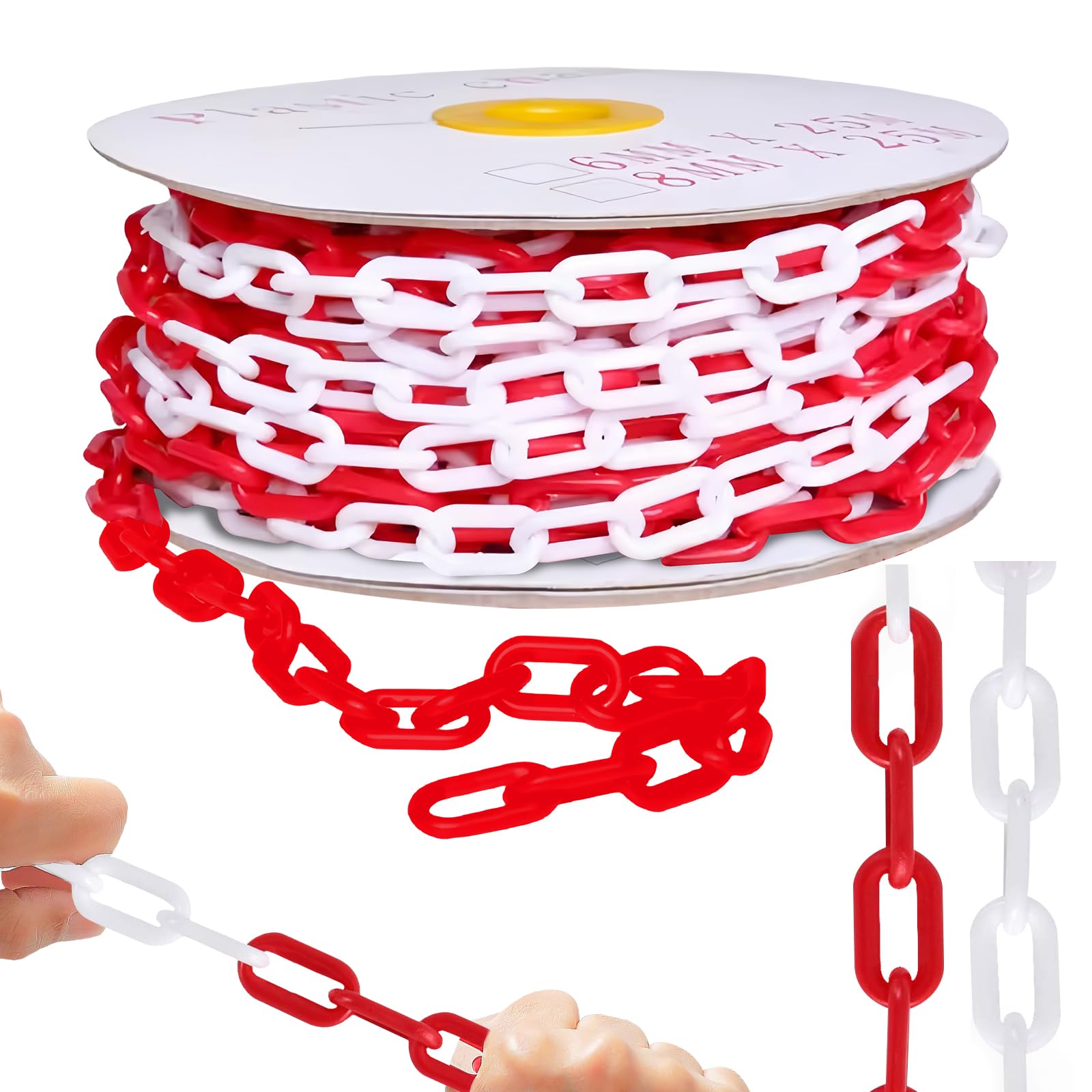 Catena di Sicurezza: Catena di Sicurezza in Plastica Rossa e Bianca da 25m, Catena di Segnalazione da 6mm per Aree di Blocco, Barriera a Catena in Plastica per Cantieri Edili, Parcheggi, Code