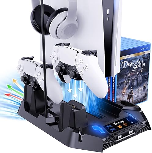 Soporte para PS5 con 2 estaciones de refrigeración y estación de carga de doble controlador para consola PS5, edición digitaldisco, accesorios