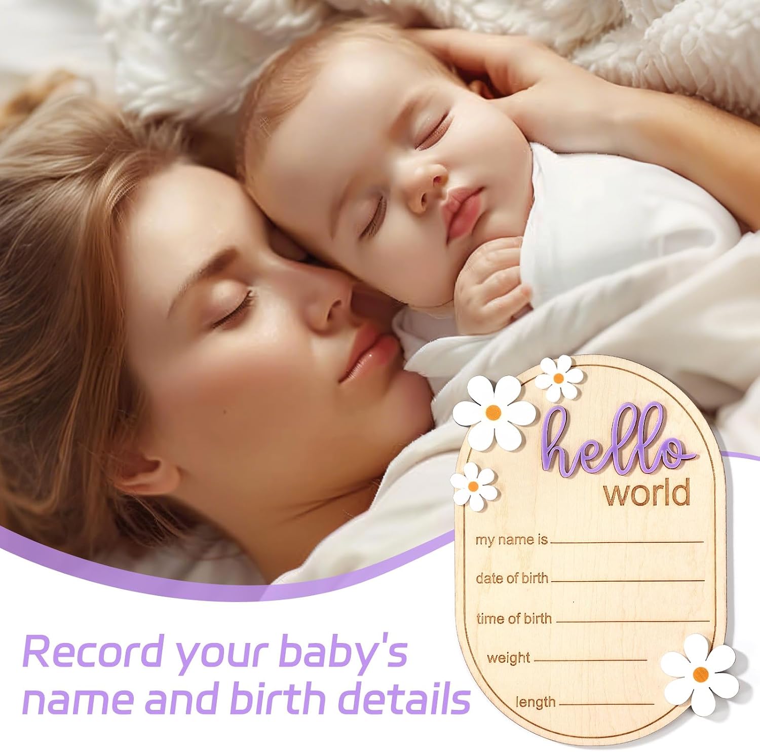 NQEUEPN Newborn Announcement Sign, 5.9in Wooden Hello World Baby Welcome Sign Birth Plaques for Newborn Girls Boys Photo Props Baby Shower Hospital Nursery(Purple)