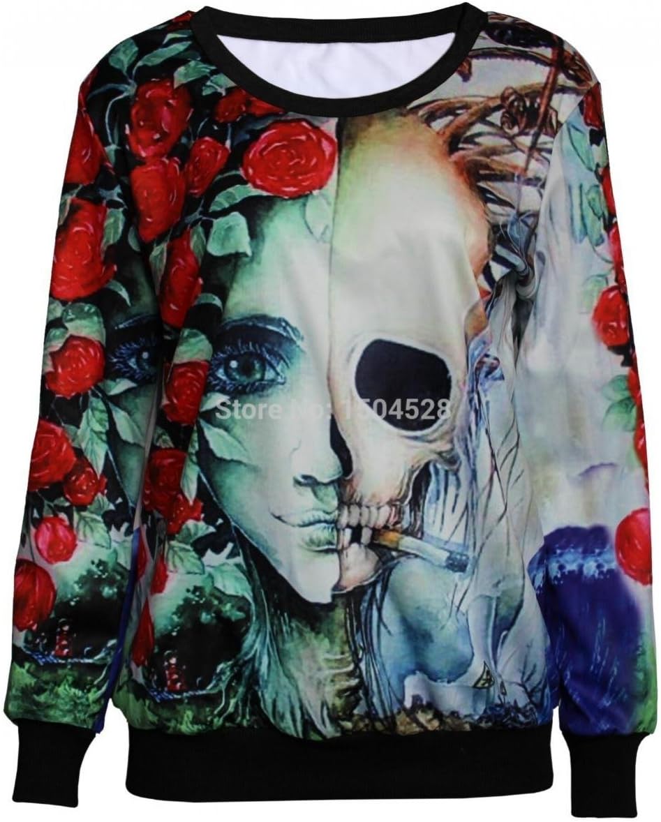 Women 3D Print Pullovers Sweatshirt Cartoon Half Human Skull Print Non-Such Hoodies