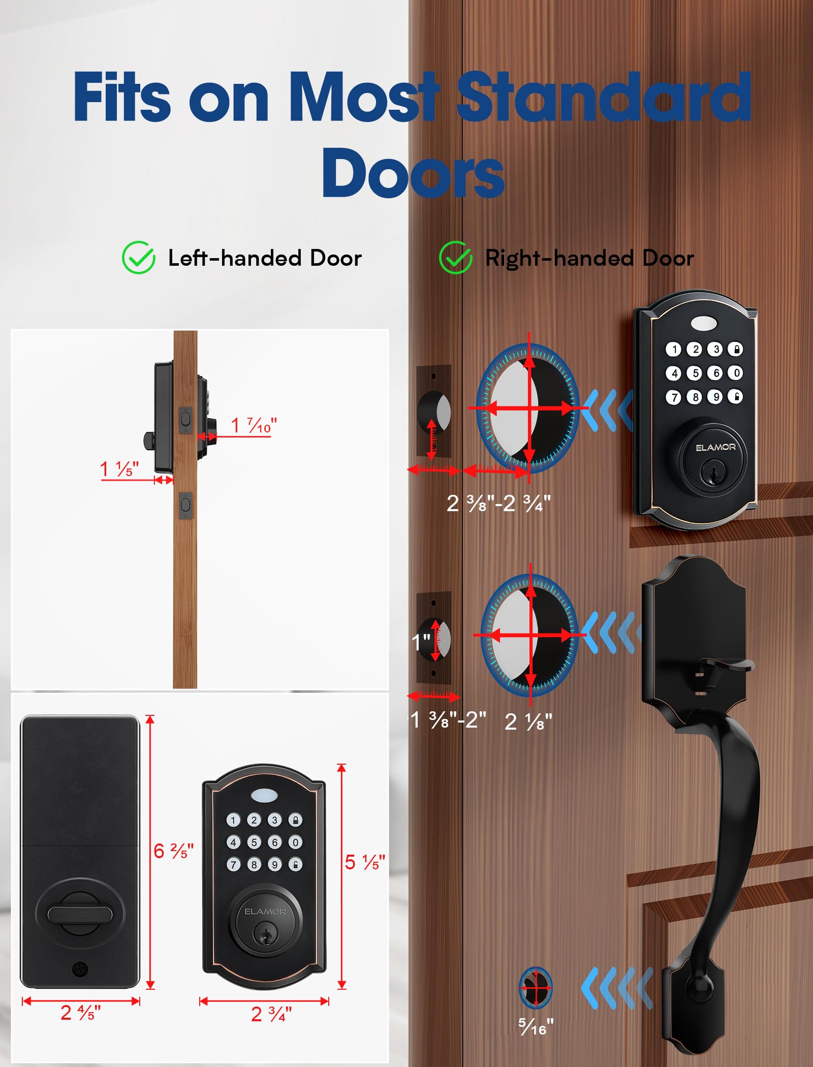 M19 - Juego de cerradura de puerta delantera, cerrojo de entrada sin llave con asa, bloqueo automático, 50 códigos de usuario, 2 llaves, teclado electrónico, juego de manijas de seguridad 9