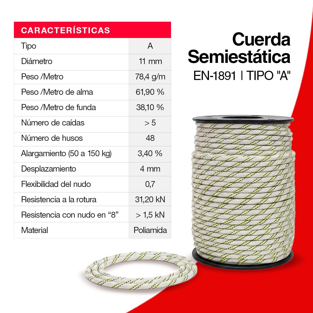 Cuerda Semiestática Profesional - SOGA Gruesa de Nylon para Trabajos Verticales - Cuerda Resistente Exterior y Duradera - Diferentes Tamaños Disponibles - 11 MM (100)