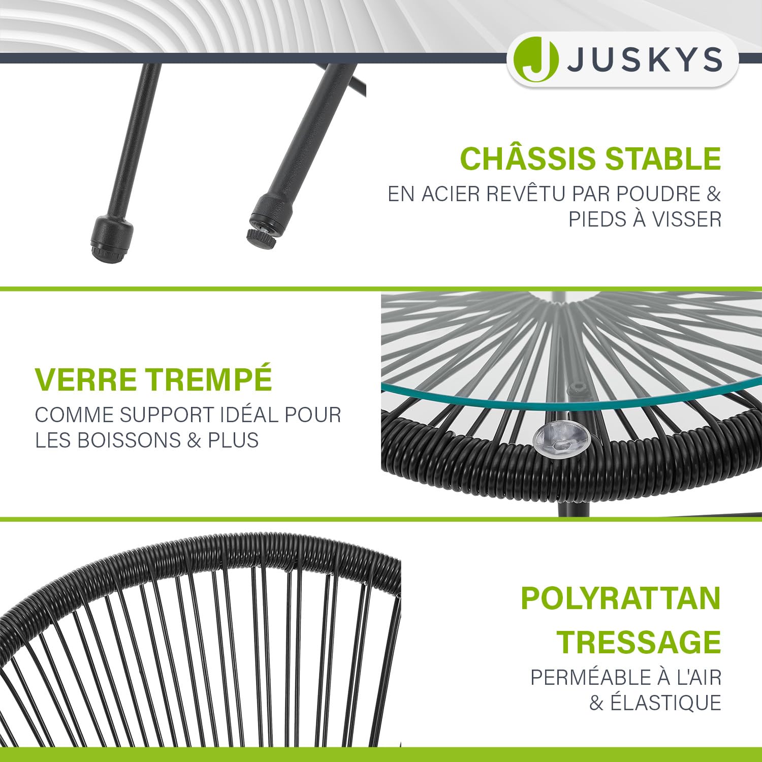 Juskys Ensemble de Meubles de Balcon Ostana en 3 Parties - Table et 2 fauteuils - Groupe de sièges élégant pour Balcon, terrasse et Jardin - Ensemble de Meubles de Jardin pour Balcon Noir