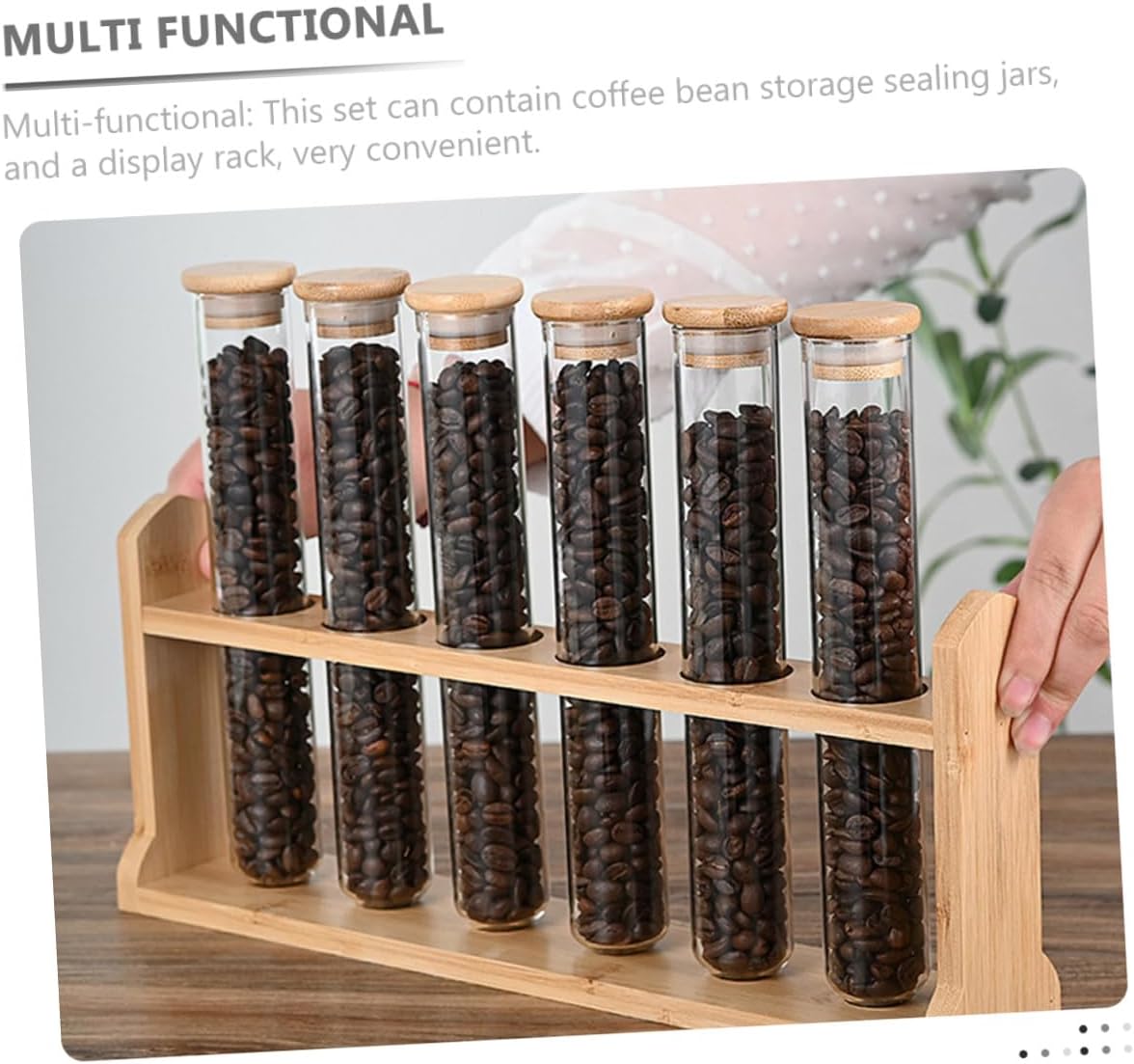 Glass Coffee Bean Vials with Wooden Display Rack Clear Test Tube-style Containers with Lids for Coffee Shops and Home Storage Space-saving Easy to Clean and Assemble Organization