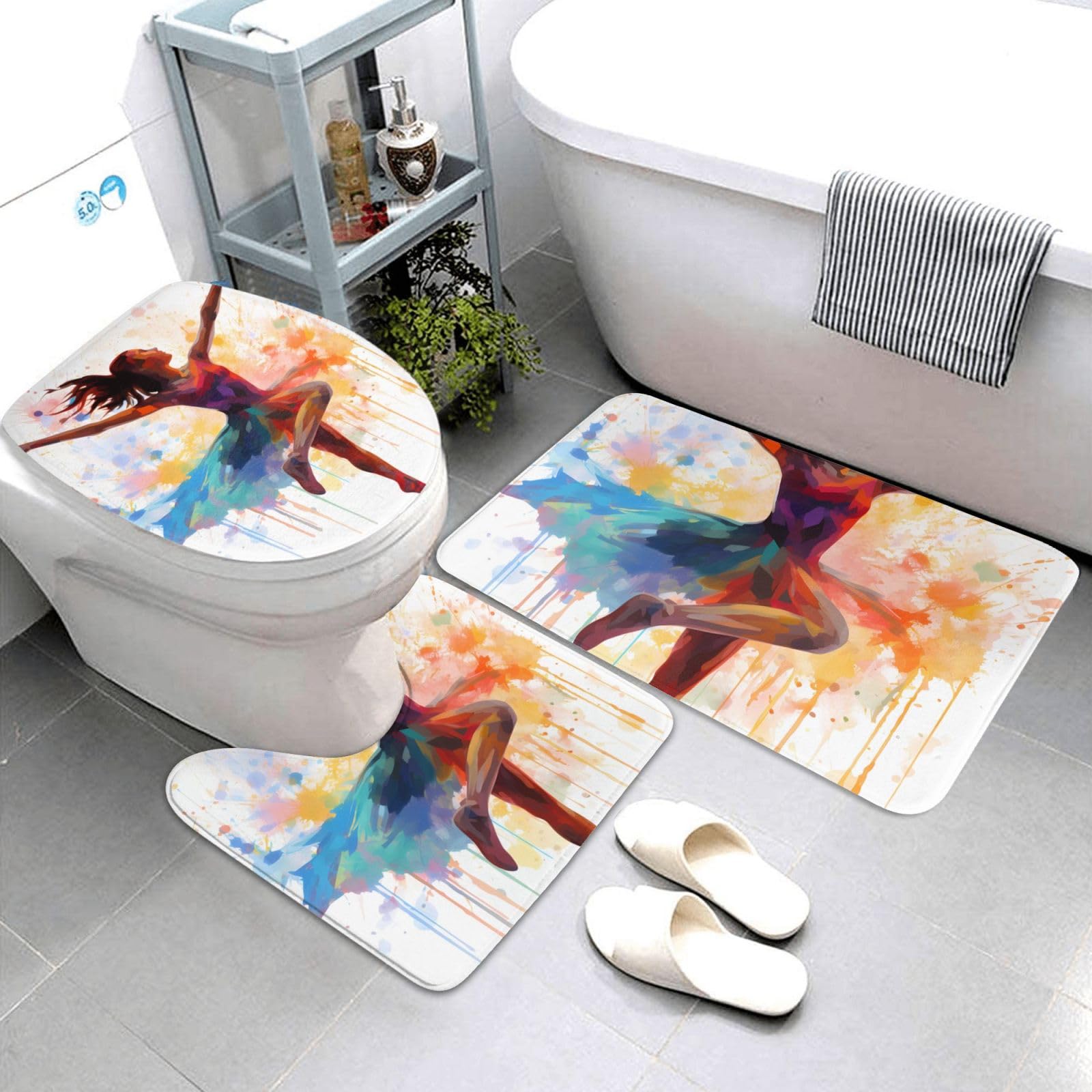 Dwrepo Color Woman Print Bathroom Rug Set 3 Piece with Non-Slip U-Shaped Contour Mat and Toilet Lid Cover for Bathroom Decoration