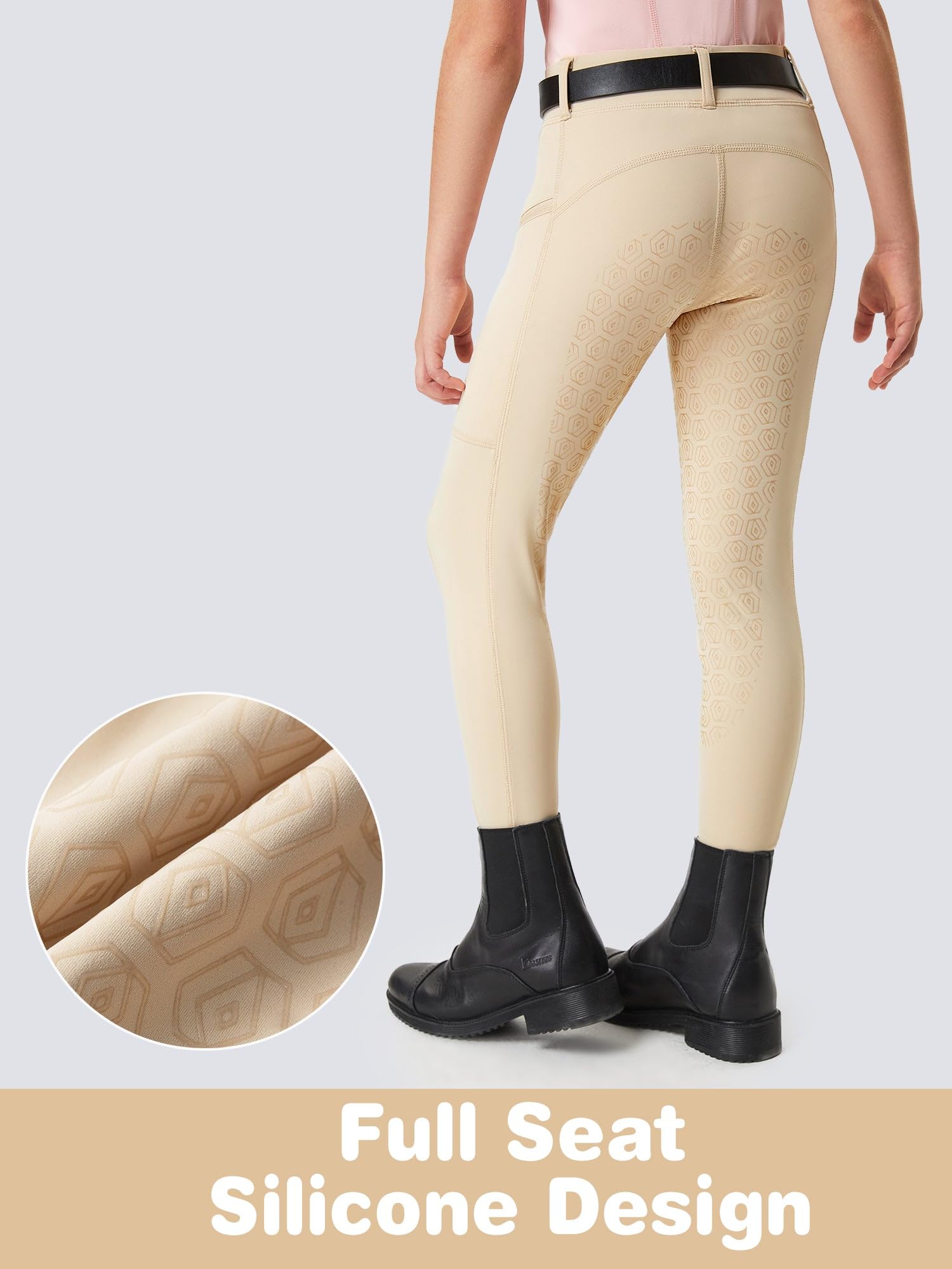 FitsT4 Sports Girls Riding Pants Full Seat Kids Equestrian Breeches Stretchy Youth Horse Schooling Tights Zipper Pockets Khaki L