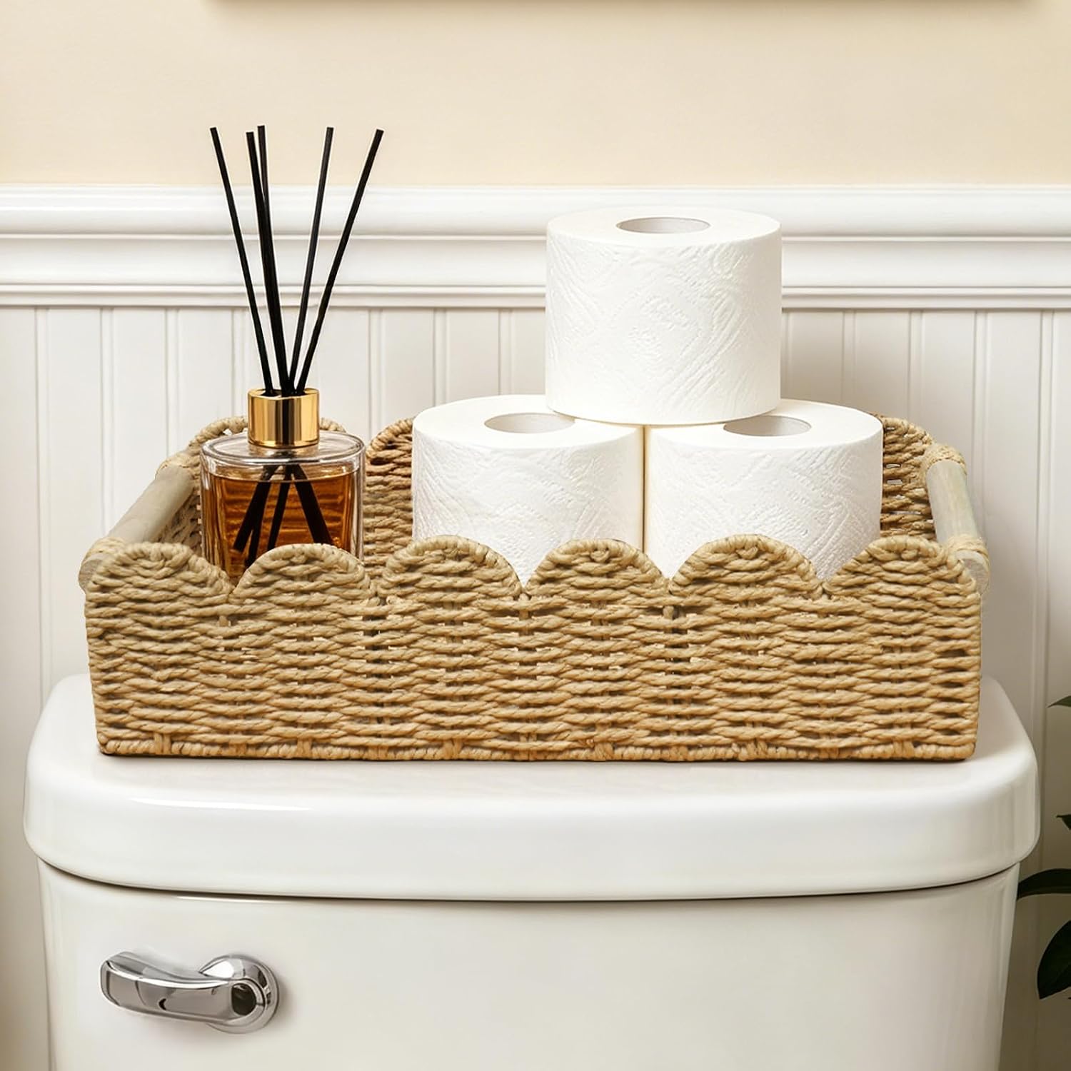 Upgraded Bathroom Basket Organizer,Toilet Tank Paper Storage Baskets,Scalloped Decorative Basket for Countertop w/Handle, Small Wicker Basket for Bathroom Decor, Home Decor, Living Room, Beige L image 2