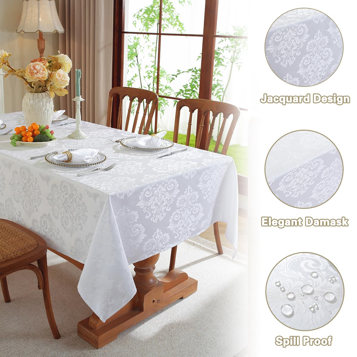 Damask White Tablecloth Rectangle 52 x 70 Inch, Floral Jacquard Waterproof Stain Resistant Polyester Table Cloth - Image 3
