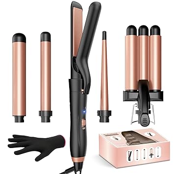 5 in 1 Curling Wand Set-Professional Wand Curling Iron with Flat Iron Hair Straightener, 3 Curling Irons 0.35 "-1.25", Ceramic Hair Crimper, 2 Temps 30S Fast Heat Hair Waver Curler with Glove & Clip